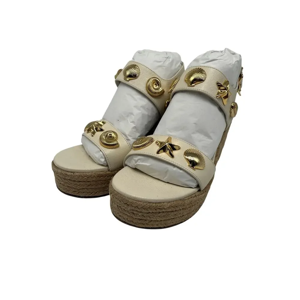 Larroudé Madison Hi Ivory Leather Seashell Wedge Espadrille Sandals Women's Sz 6